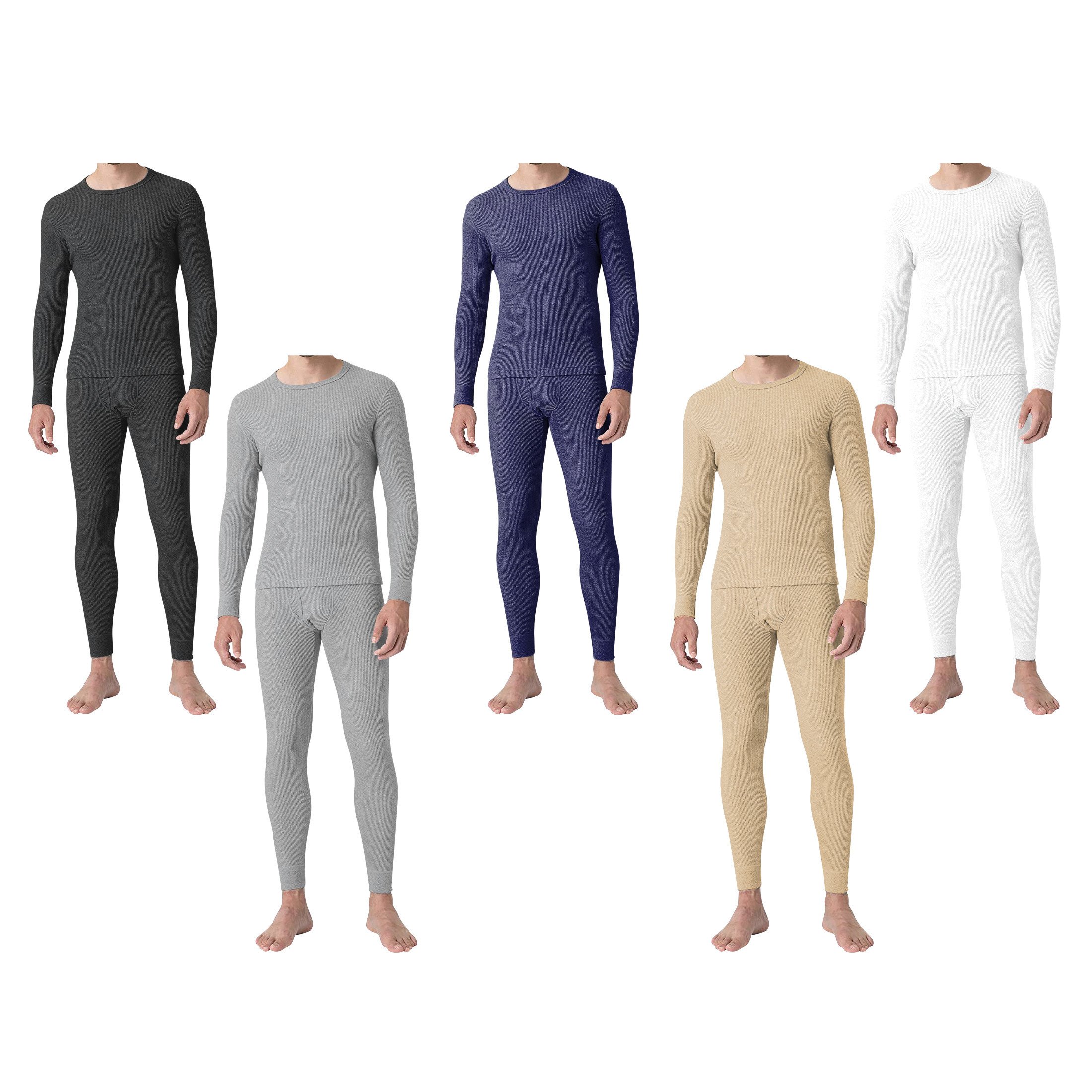 2-Sets: Men's Super Soft Cotton Waffle Knit Winter Thermal Underwear Set - White & Navy, Medium