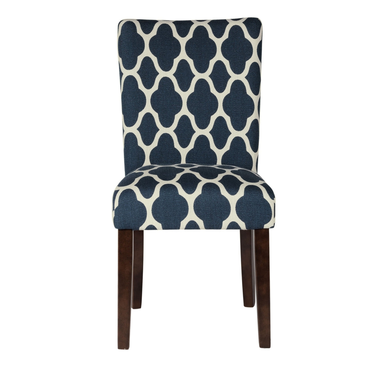 Wooden Parson Dining Chairs With Quatrefoil Patterned Fabric Upholstery, Blue And White, Set Of Two-Saltoro Sherpi