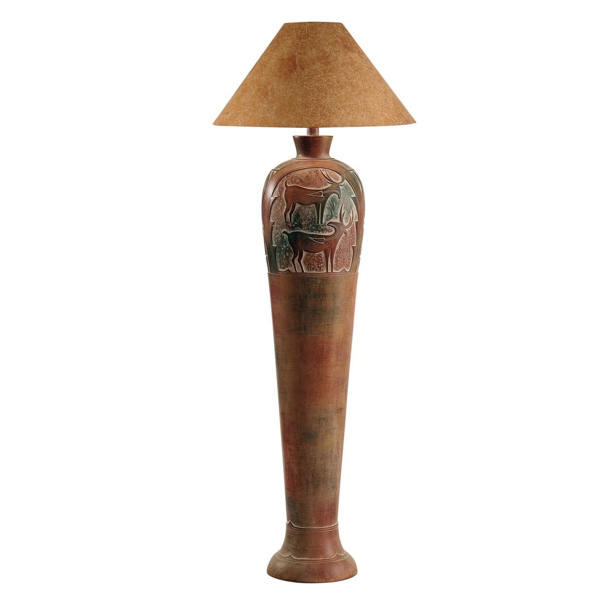 Siya 62 Inch Elongated Floor Lamp, Extra Tall, Deer Carvings, Brown, Black - Saltoro Sherpi