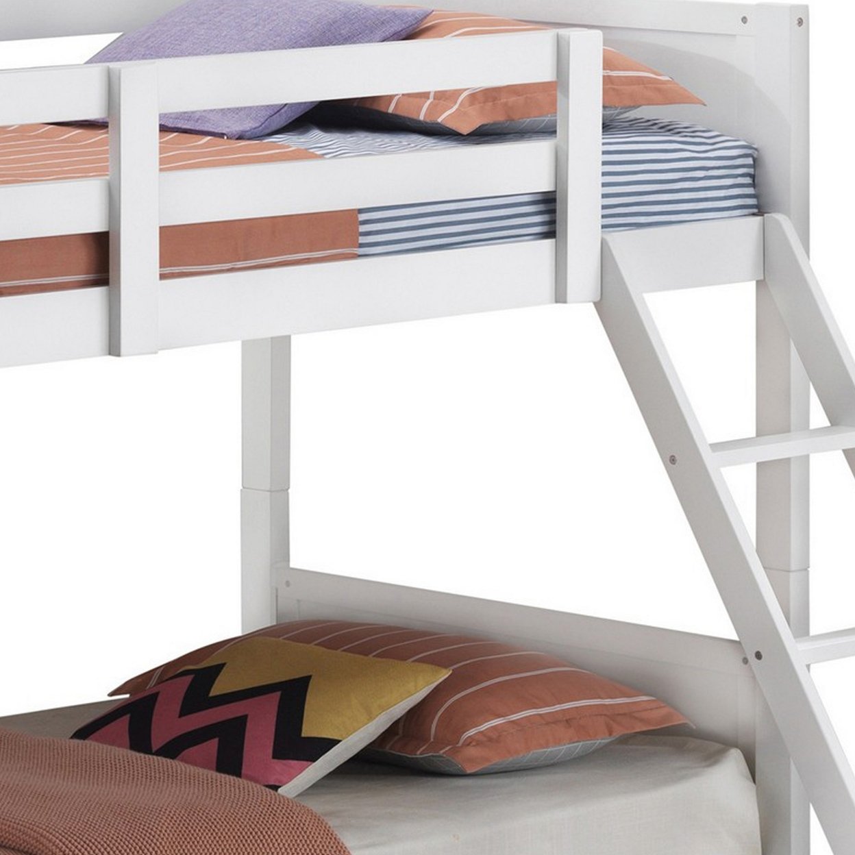 Amey Wood Twin Bunk Bed With Angled Ladder, Guardrail, Slat Kit, White- Saltoro Sherpi