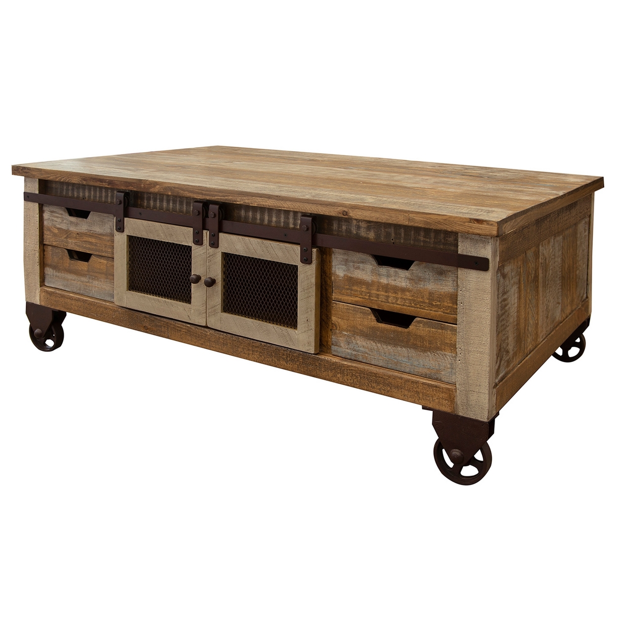 Fena 50 Inch 8 Drawer Coffee Table, Barn Doors, Multicolor Rustic Pine Wood- Saltoro Sherpi