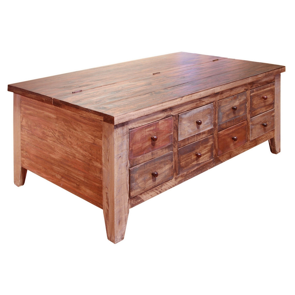 Fena 50 Inch 8 Drawer Coffee Table, Lift Top, Multicolor Distress Pine Wood- Saltoro Sherpi