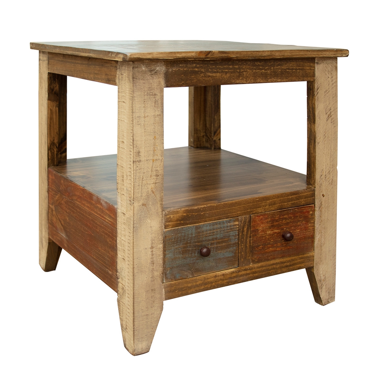 Fena 26 Inch 2 Drawer End Table, Open Shelf, Multicolor Distress Pine Wood- Saltoro Sherpi