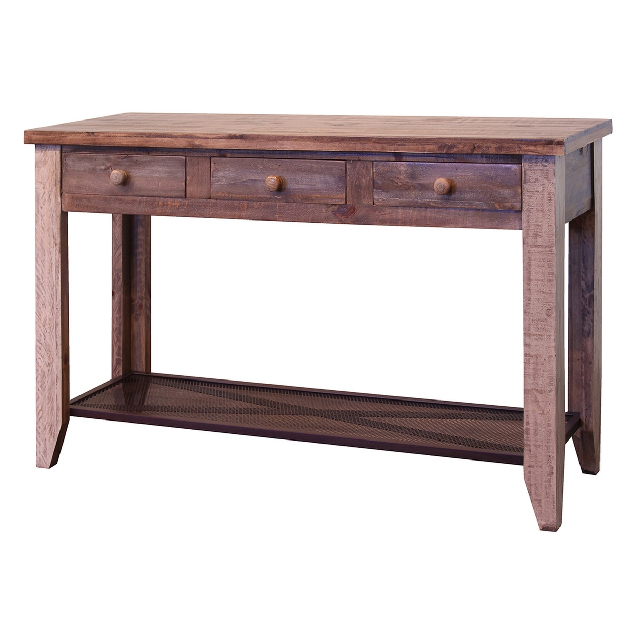 Fena 55 Inch 3 Drawer Sofa Table With Iron Mesh Shelf, Multicolor Pine Wood- Saltoro Sherpi