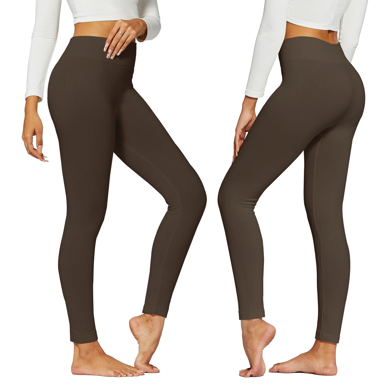 2-Pack: Women's Winter Warm High-Waist Soft Fleece Lined Leggings - Black & Brown, Medium