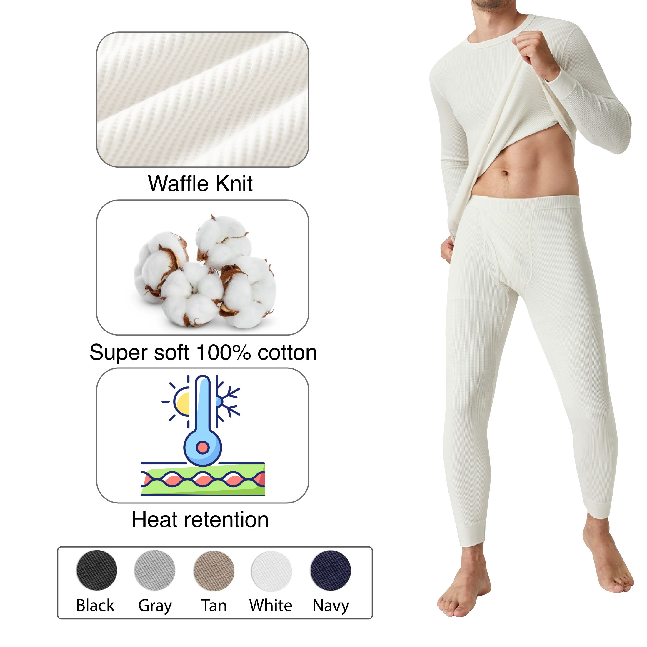2-Piece: Men's Super Soft Cotton Waffle Knit Winter Thermal Underwear Set - Grey, Large
