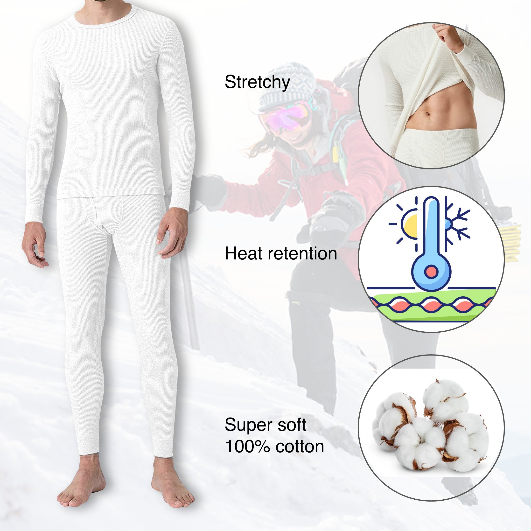 2-Sets: Men's Super Soft Cotton Waffle Knit Winter Thermal Underwear Set - White & White, Medium