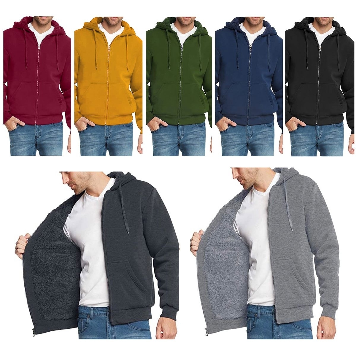 Men's Heavyweight Sherpa Lined Fleece Zip-Up Hoodie Sweater Jacket - Grey, Medium