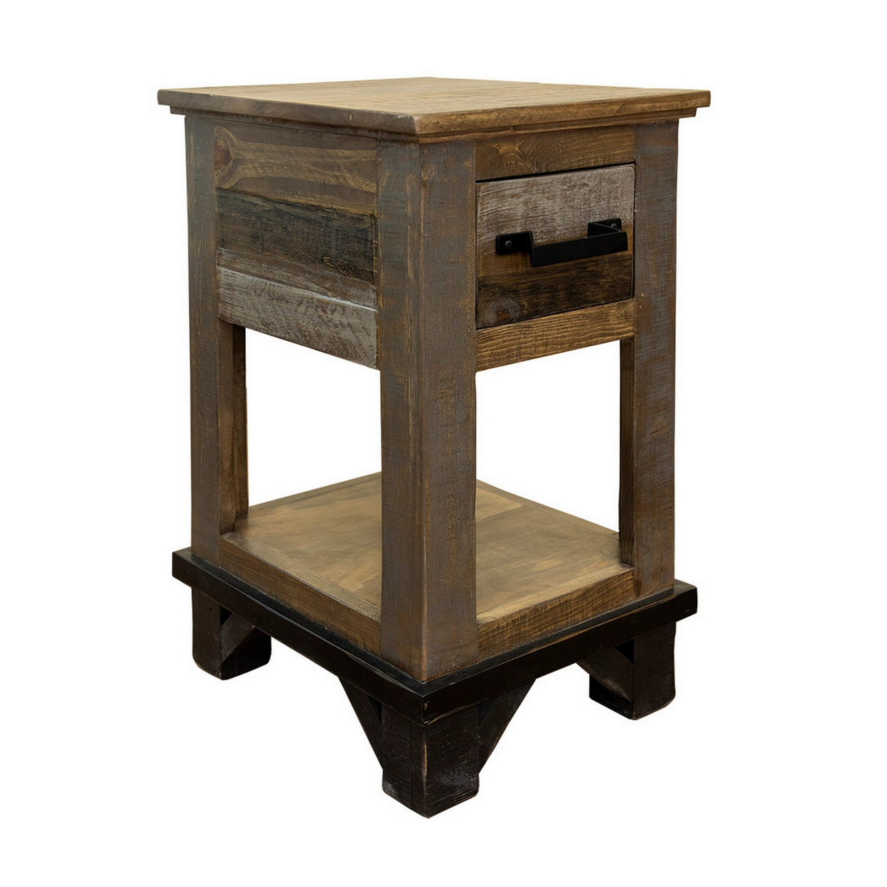 Peya 26 Inch End Table, Shelf, 1 Drawer, Distressed Gray, Brown Pine Wood- Saltoro Sherpi