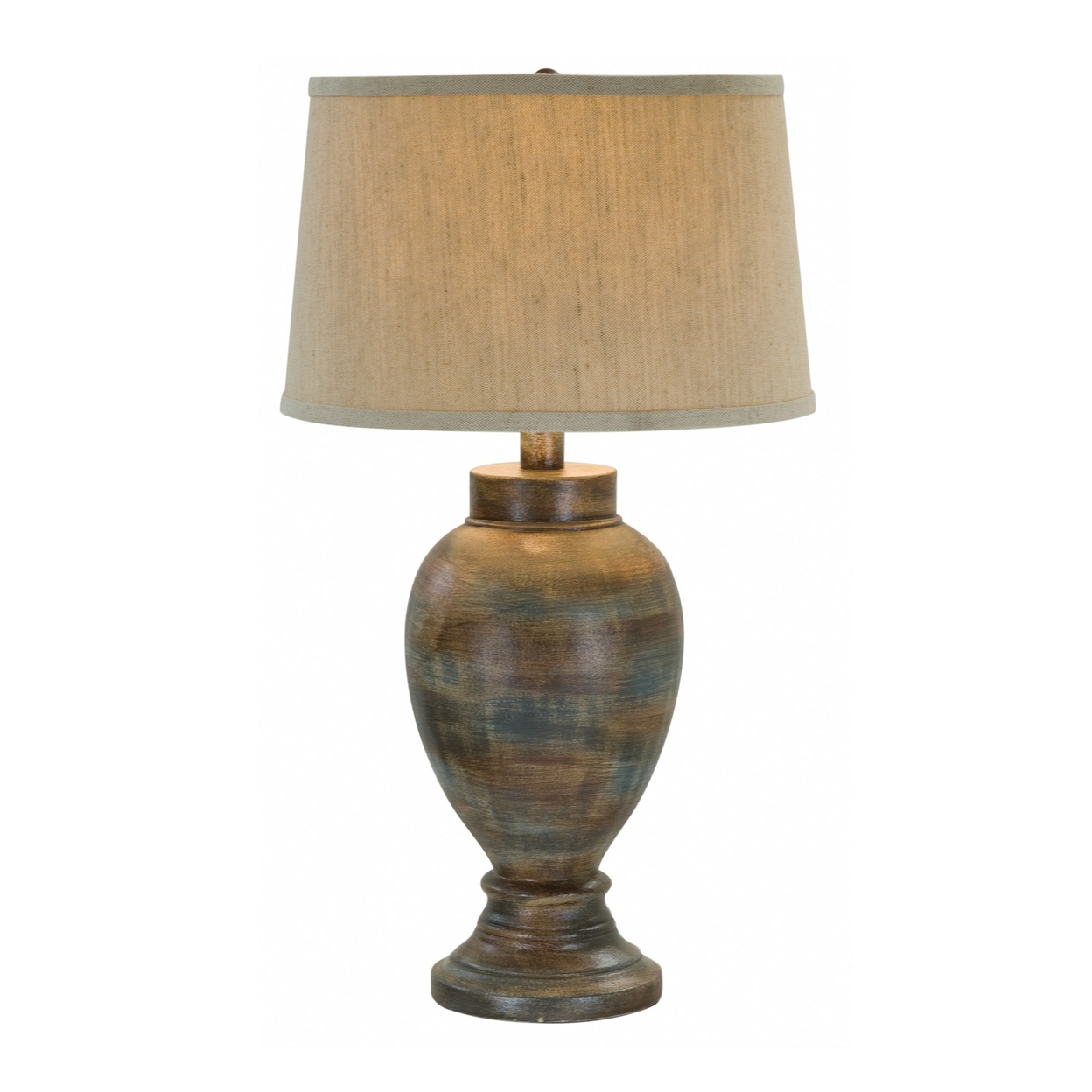 30 Inch Hydrocal Table Lamp, Drum Shade, Classic Urn Base, Brown And Blue- Saltoro Sherpi