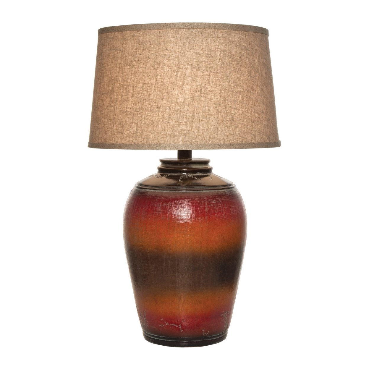 Ruhi 31 Inch Table Lamp, Curved Pot, Multicolor, Drum Shade, Brown, Orange - Saltoro Sherpi