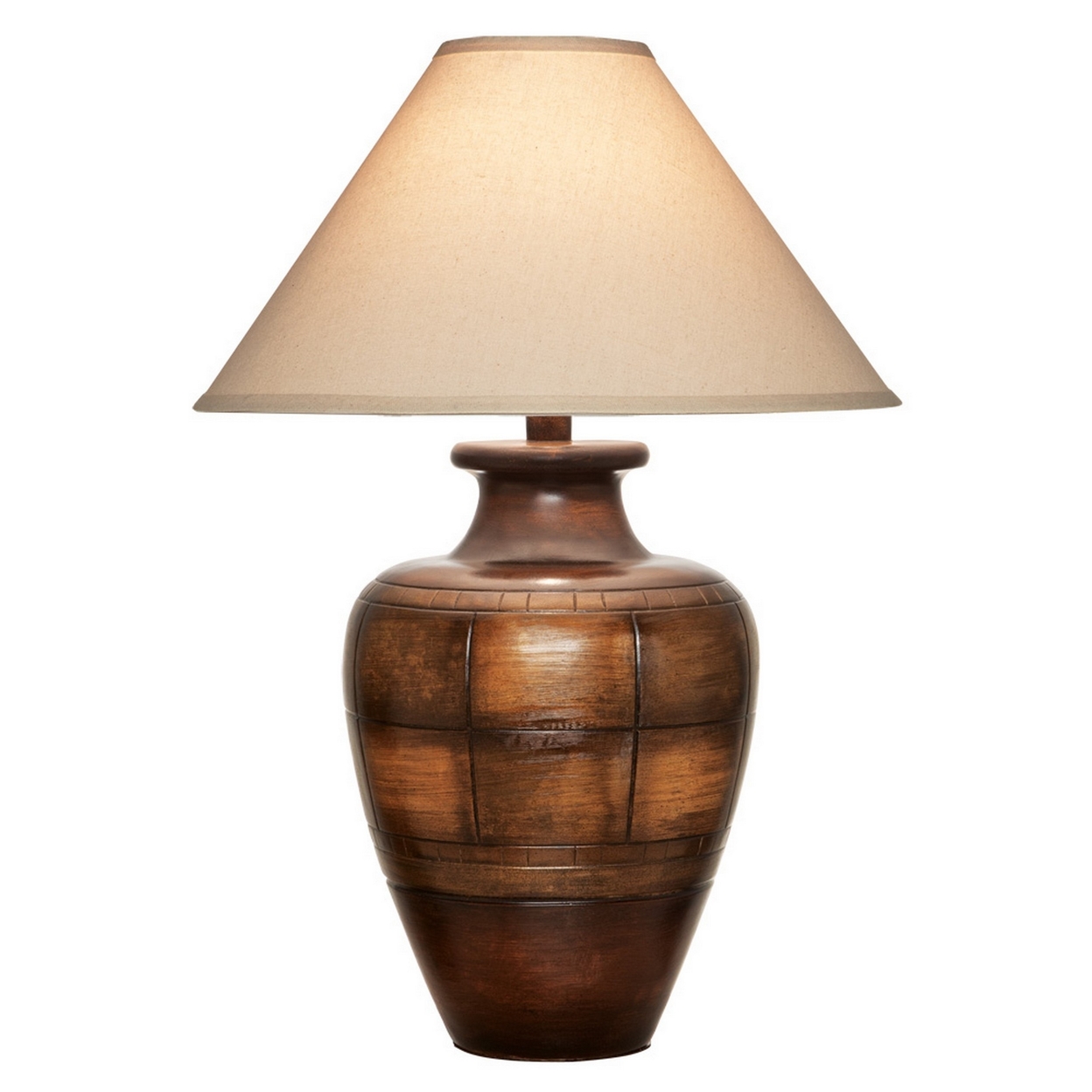 Riza 30 Inch Table Lamp, Curved Vase Walnut Brown Pattern, Cone Shade- Saltoro Sherpi