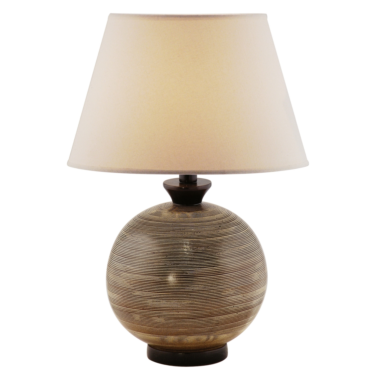 Cleo 26 Inch Table Lamp, Sphere Base, Lines, Chocolate Brown, Fabric Shade - Saltoro Sherpi