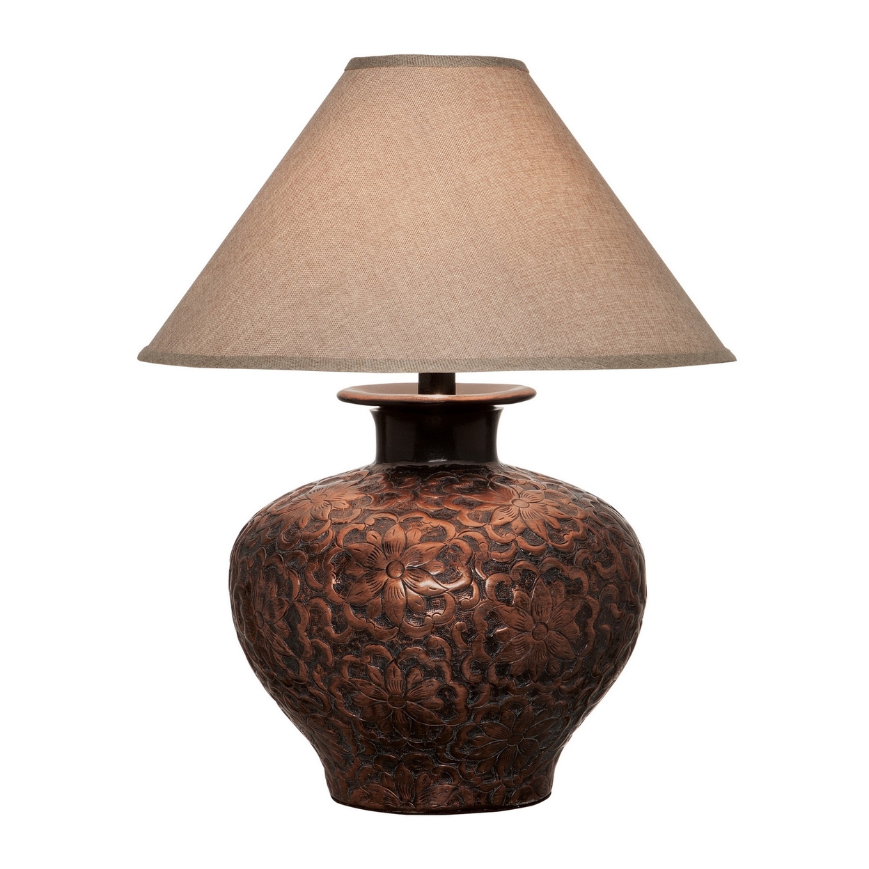 Neji 26 Inch Table Lamp, Curved Pot Design Base, Floral, Copper Finish- Saltoro Sherpi