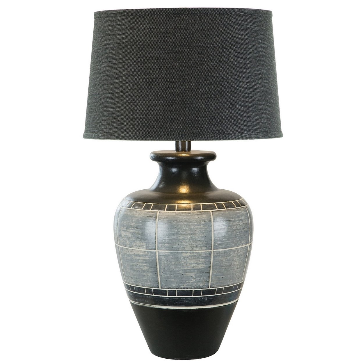 Riza 30 Inch Table Lamp, Curved Vase Shape, Dual Tone Gray, Drum Shade- Saltoro Sherpi