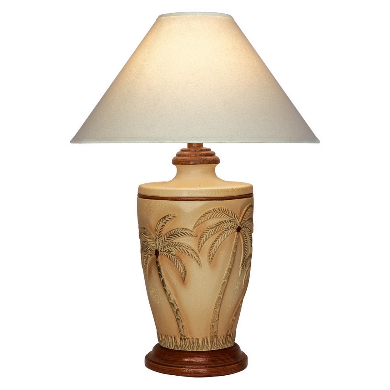30 Inch Table Lamp, Pedestal Stand, Engraved Coconut Trees, Natural Brown - Saltoro Sherpi