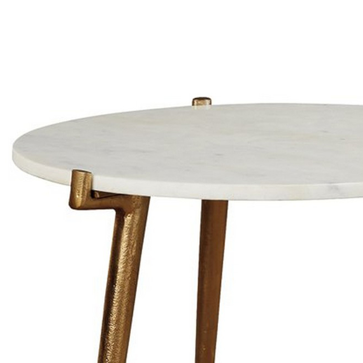 Round Marble Top Accent Table With Angled Metal Legs, Gold And White- Saltoro Sherpi