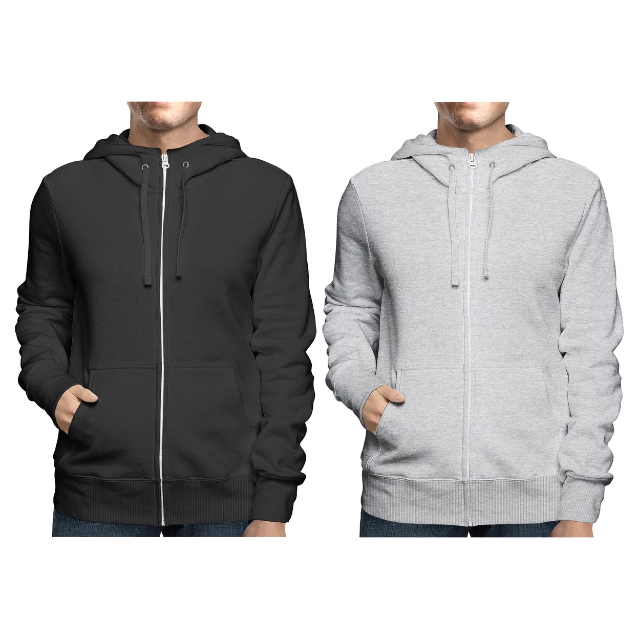 2-Pack: Men's Winter Warm Soft Full Zip-Up Fleece Lined Hoodie Sweatshirt - Black & Grey, X-large