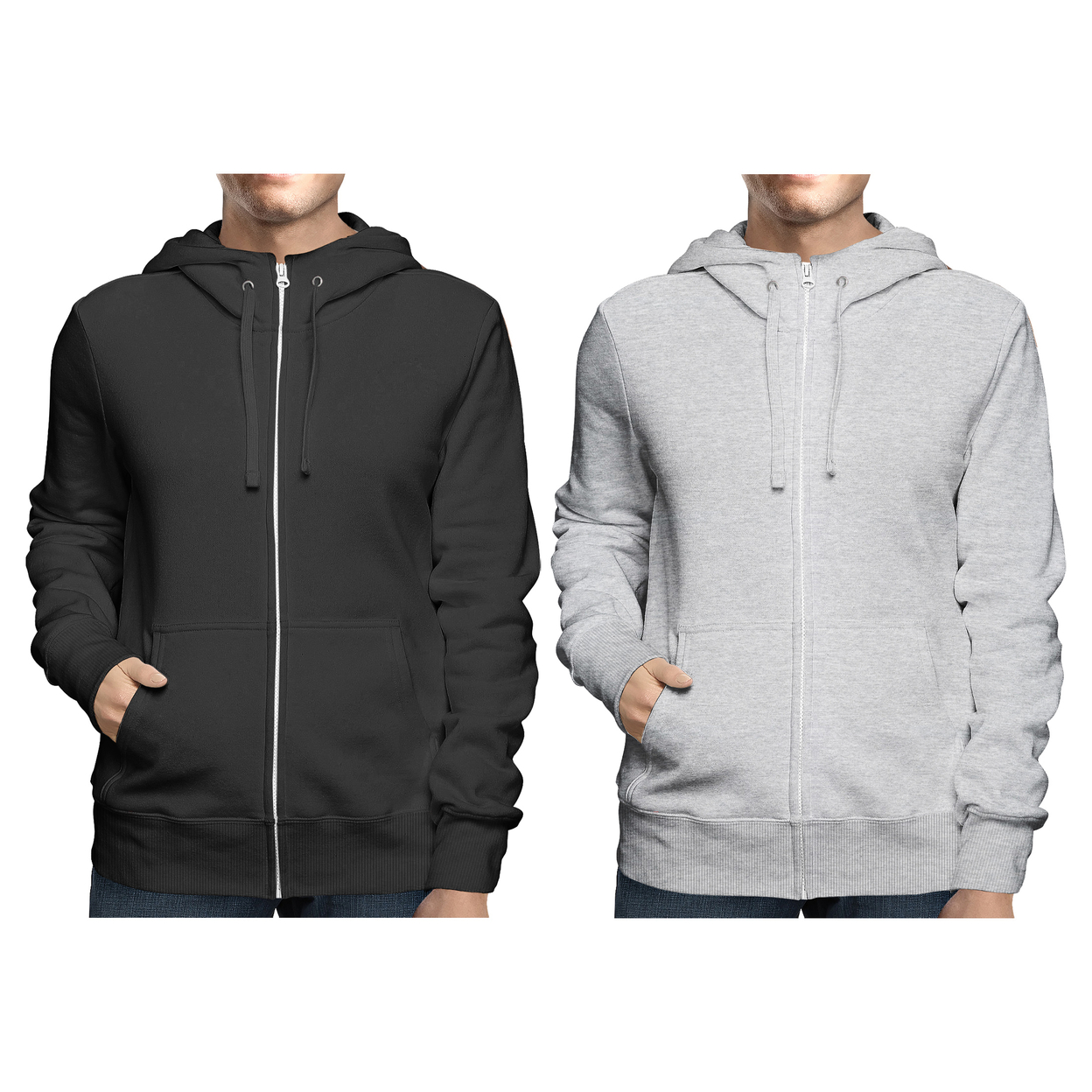 2-Pack: Men's Winter Warm Soft Full Zip-Up Fleece Lined Hoodie Sweatshirt - Black & Black, Large