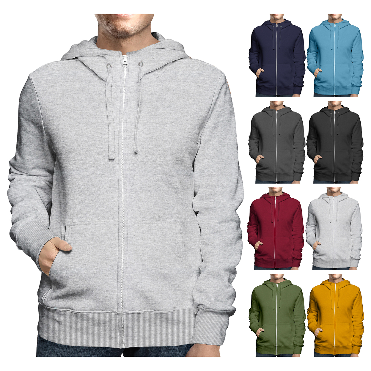 2-Pack: Men's Winter Warm Soft Full Zip-Up Fleece Lined Hoodie Sweatshirt - Black & Grey, Large