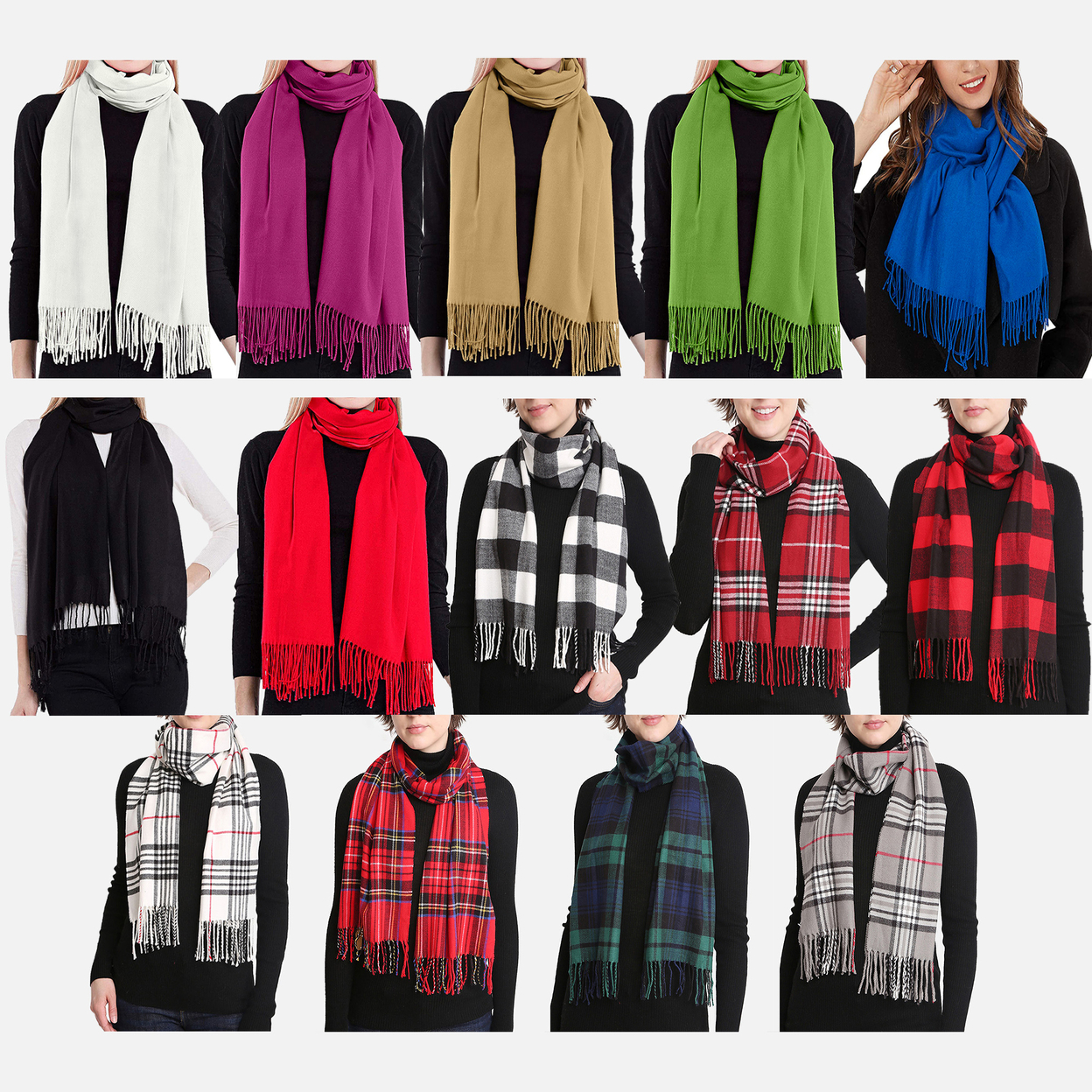 4-Pack: Women's Ultra Soft Solid & Plaid Cashmere Feel Winter Warm Scarfs - Solid & Plaid