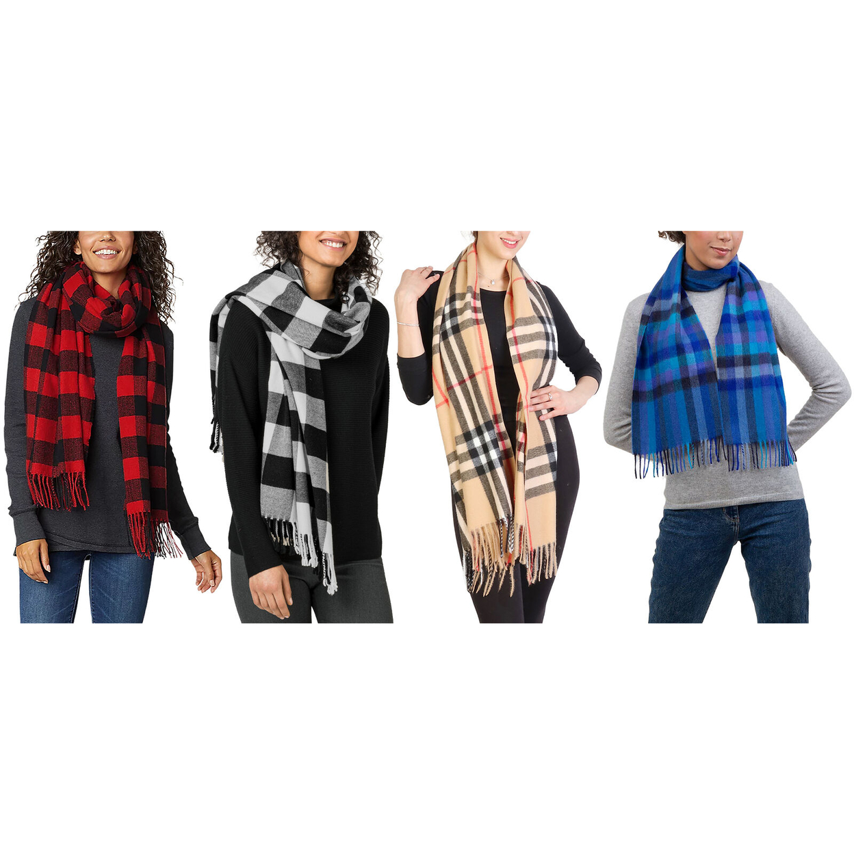 2-Pack: Women's Ultra Soft Plaid Cashmere Feel Winter Warm Scarfs - Black & Red