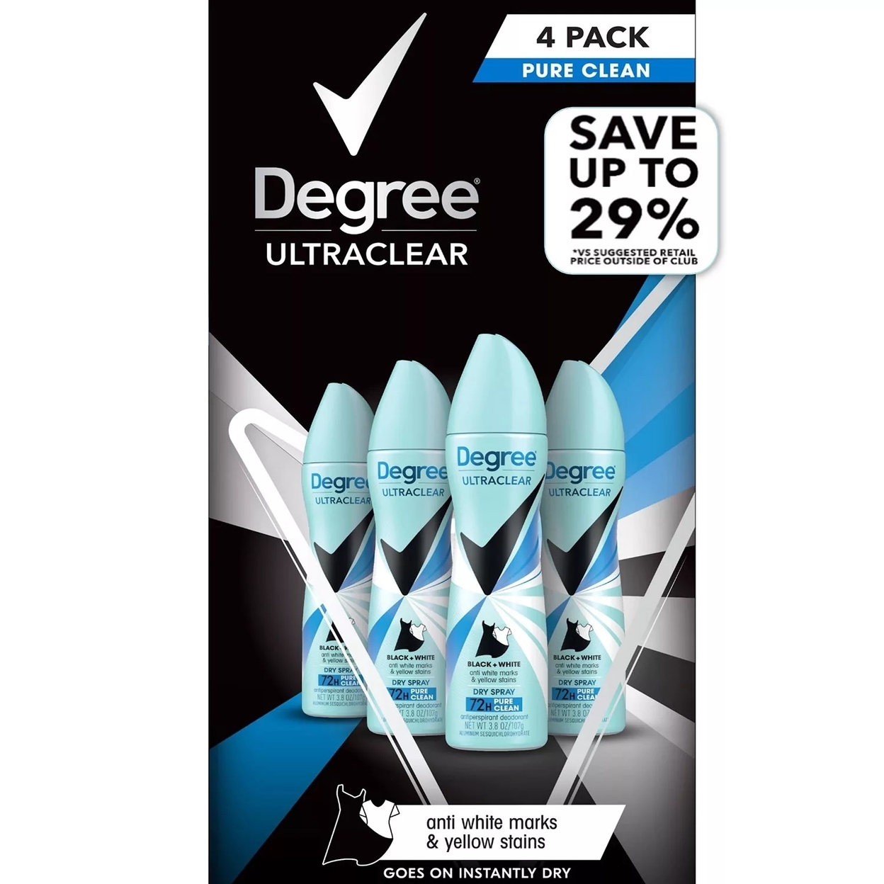 Degree For Women Black & White Dry Spray Deodorant, Pure Clean, 3.8 Oz (4 Pack)