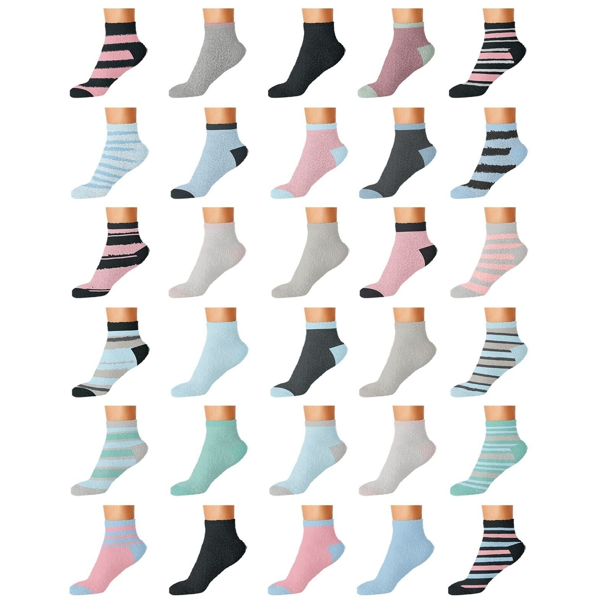10-Pairs: Women's Cozy Warm Fuzzy Fluffy Crew Socks - Solid & Striped