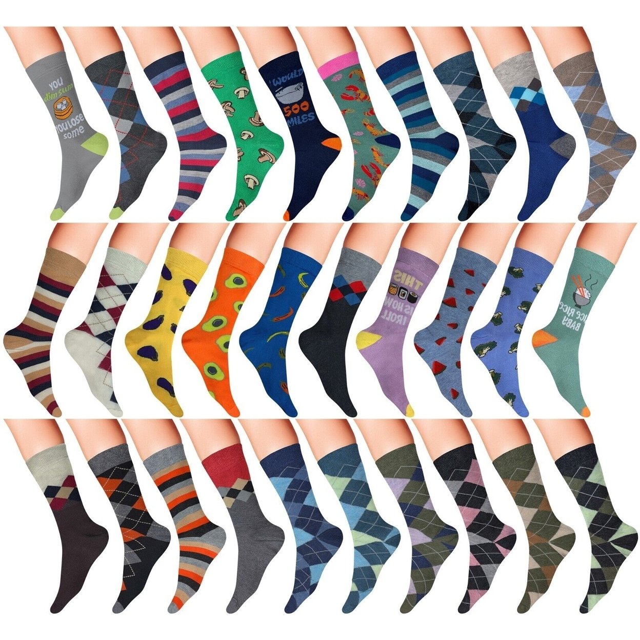 12-Pairs: Men's James Fiallo Premium Quality Fun Printed Dress Socks - Stripes