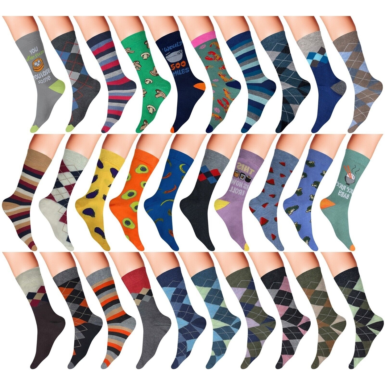 12-Pairs: Men's James Fiallo Premium Quality Fun Printed Dress Socks - Argyle