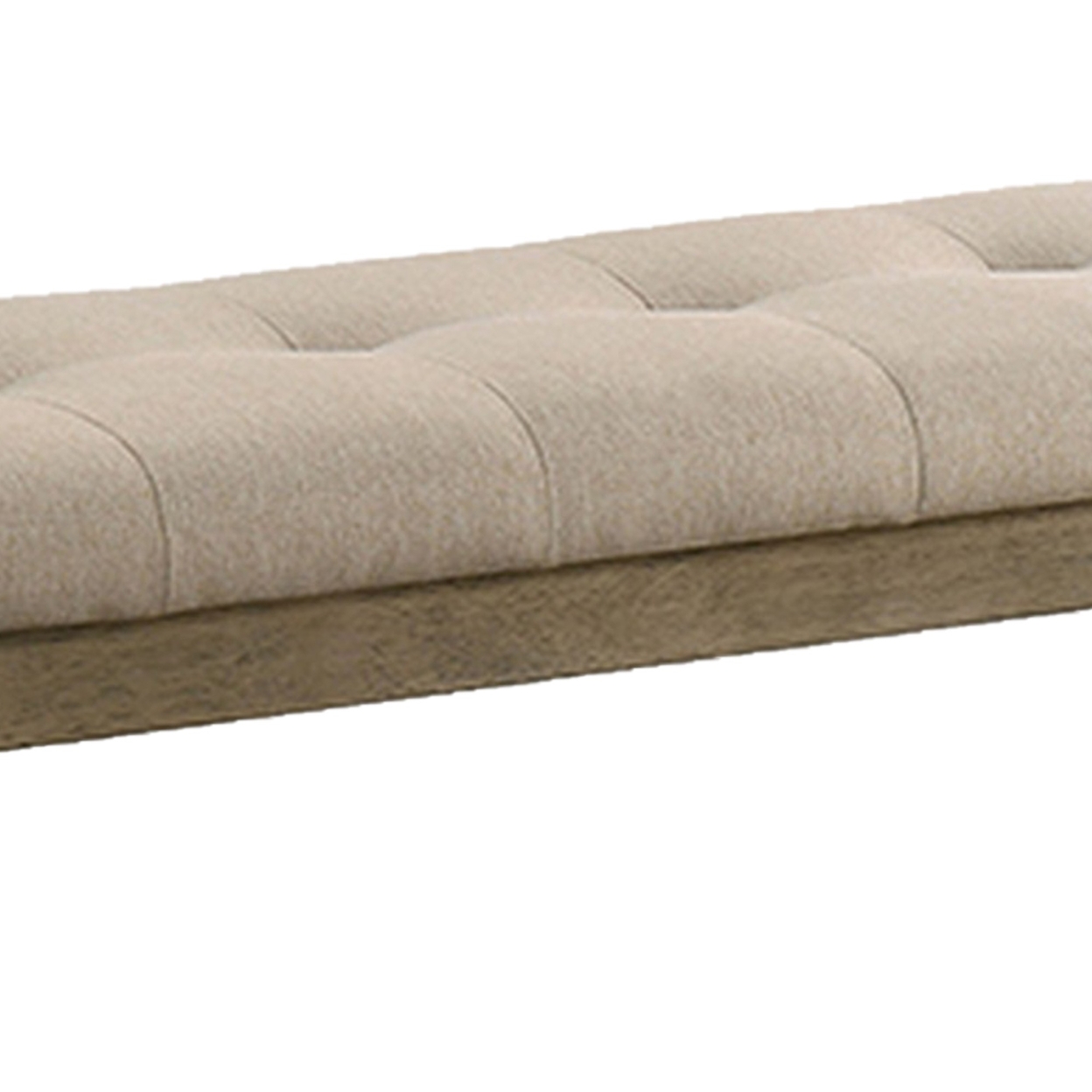 Alfa 48 Inch Farmhouse Bench, Beige Fabric, Tufted Seating, Brown Wood- Saltoro Sherpi