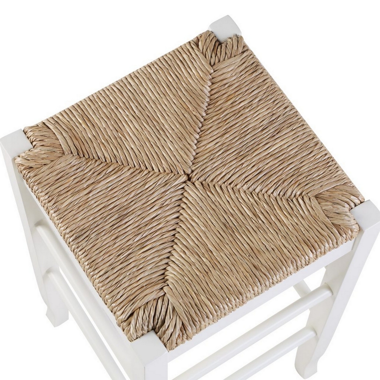 Square Wooden Frame Counter Stool With Hand Woven Rush, White And Brown- Saltoro Sherpi