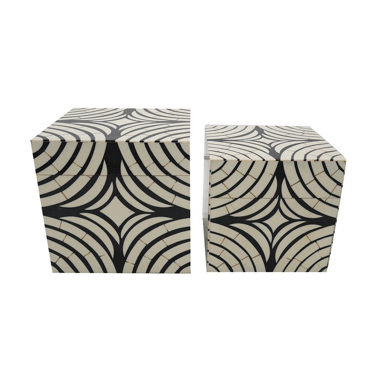 Set Of 2 Storage Boxes, MDF And Resin, Concentric Circles, White, Black- Saltoro Sherpi