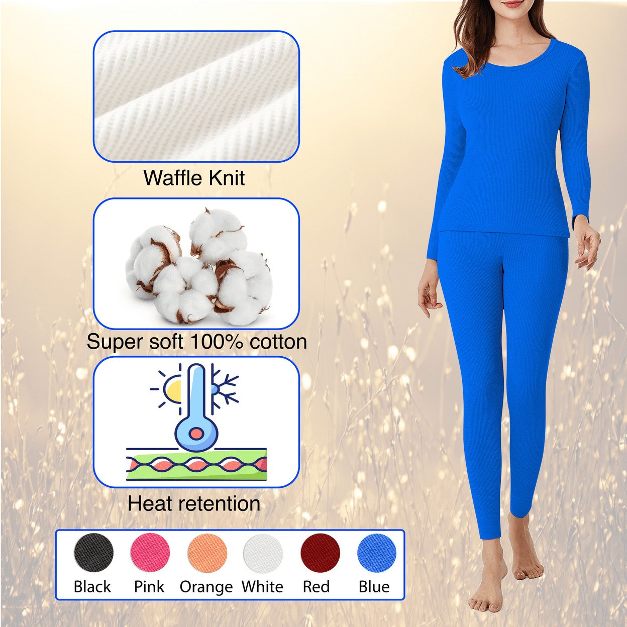 2-Piece: Women's Ultra Soft Cotton Waffle Knit Thermal Sets - Pink, Small
