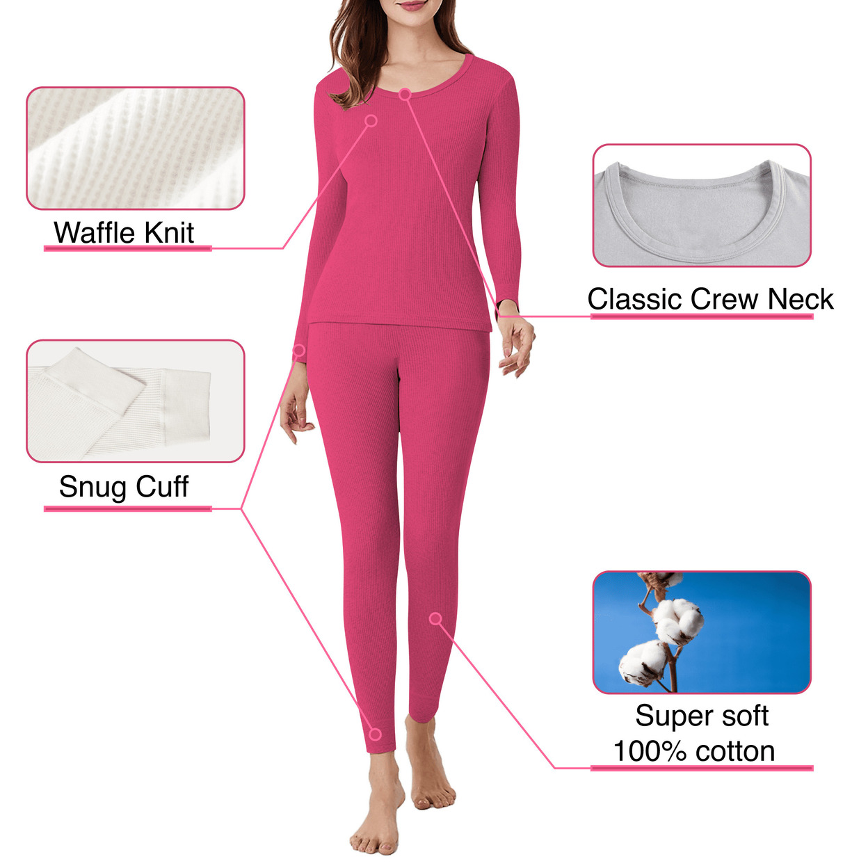 2-Sets: Women's Ultra Soft Cotton Waffle Knit Thermal Set - Black & Pink, Small