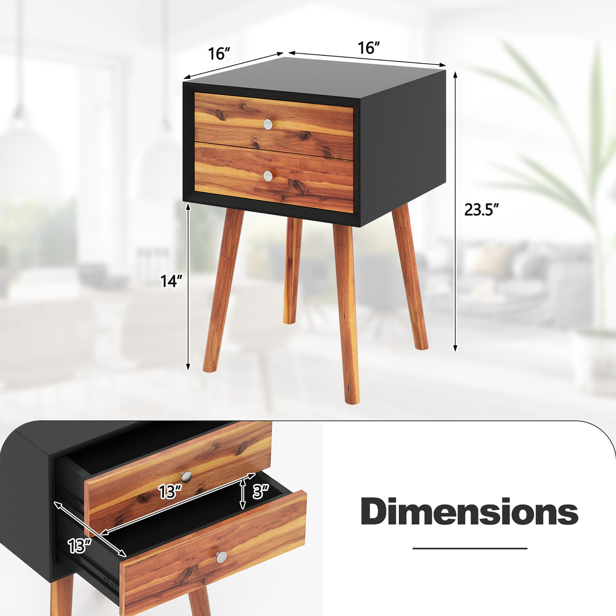 2PCS Wooden Nightstand Mid-Century End Side Table Living Room W/2 Storage Drawer