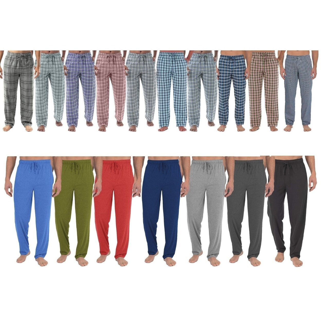 2-Pack: Men's Ultra-Soft Solid & Plaid Cotton Jersey Knit Comfy Sleep Lounge Pajama Pants - Plaid, Medium
