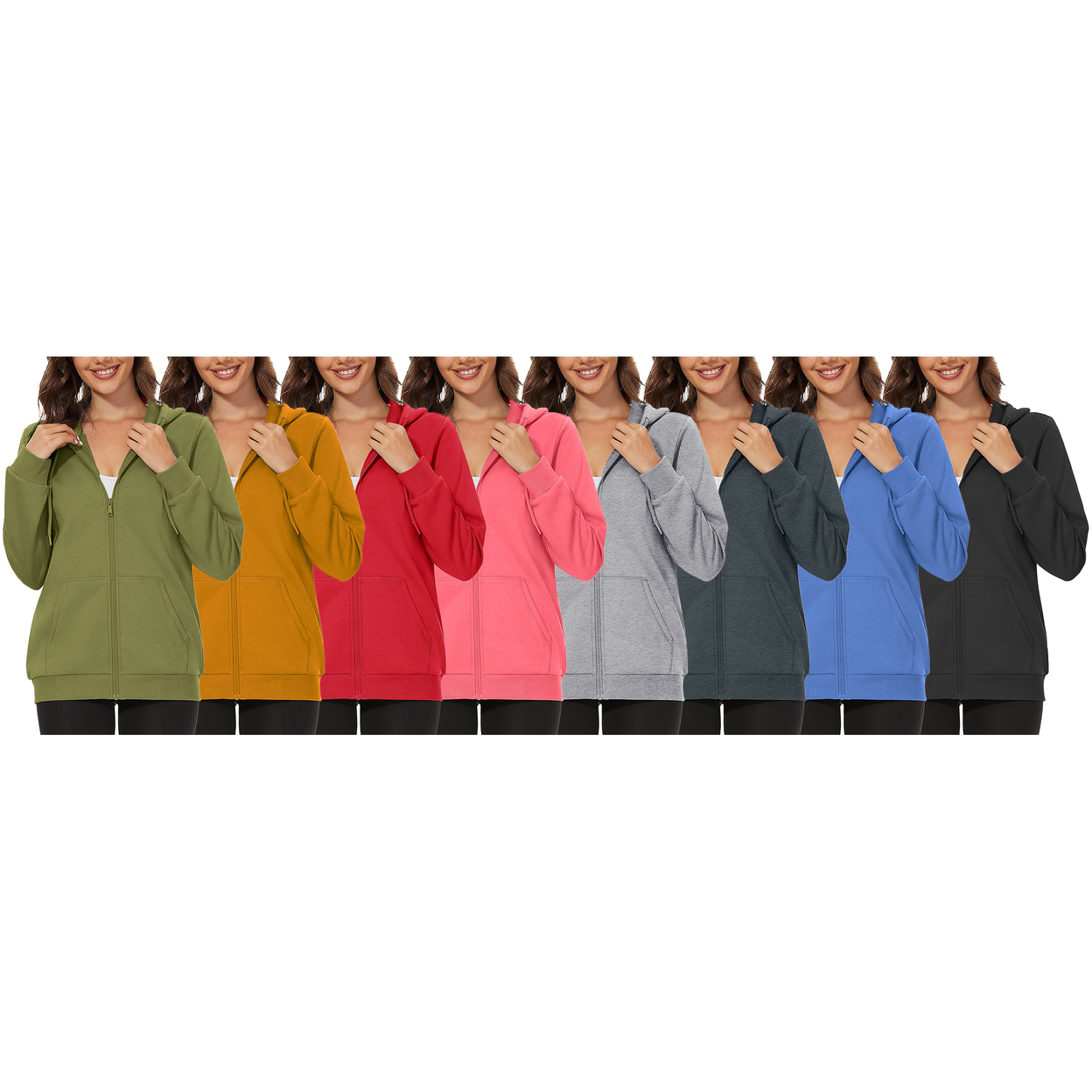 2-Pack: Women's Winter Warm Soft Blend Fleece Lined Full Zip Up Hoodie - Black & Olive, Large