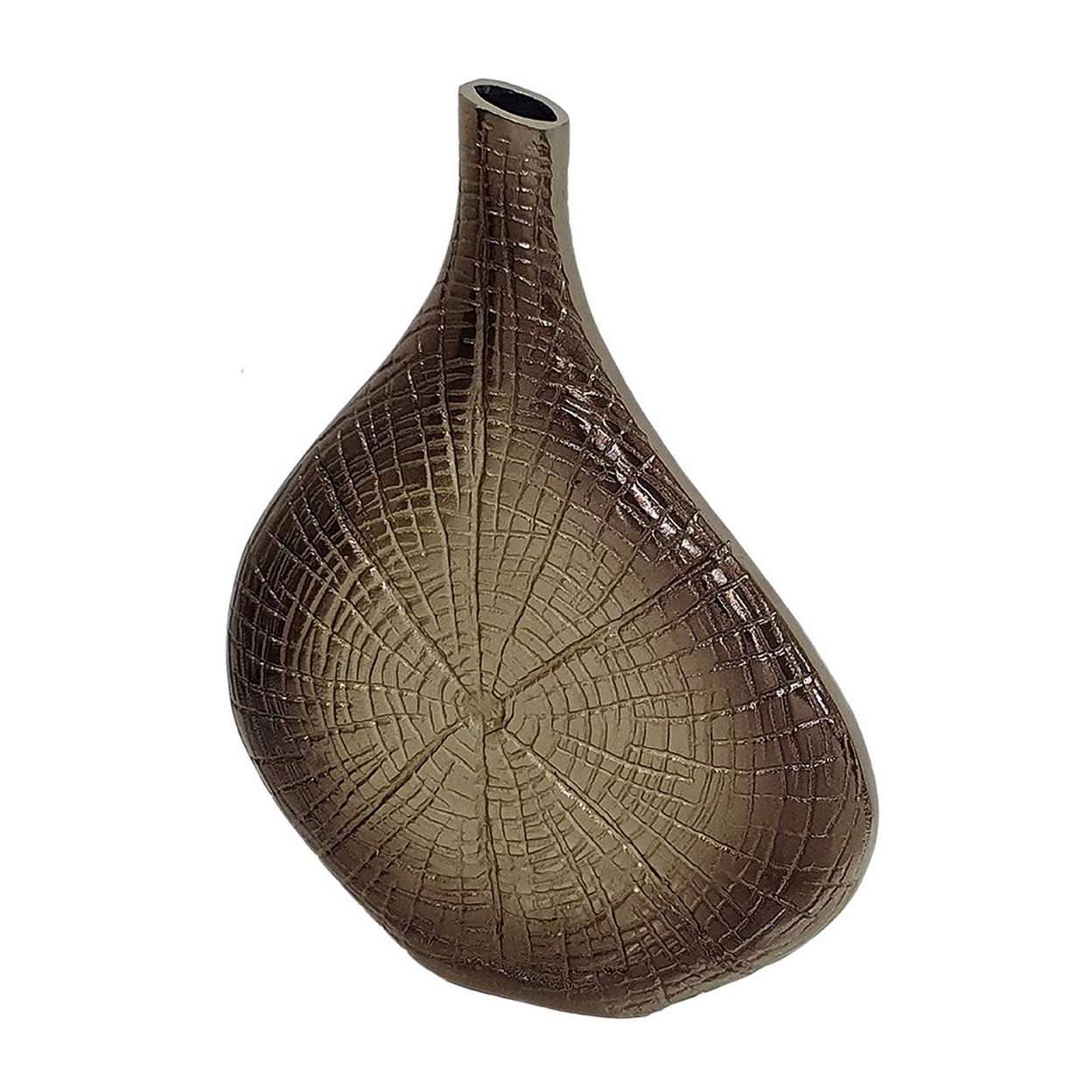 Zelo 15 Inch Decorative Vase, Aluminum, Webbed Design, Bottleneck, Gold- Saltoro Sherpi
