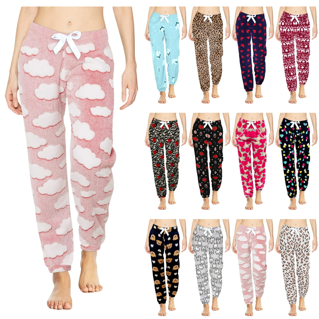 3-Pack: Women's Solid & Printed Ultra-Soft Comfy Stretch Micro-Fleece Pajama Lounge Pants - Large, Solid