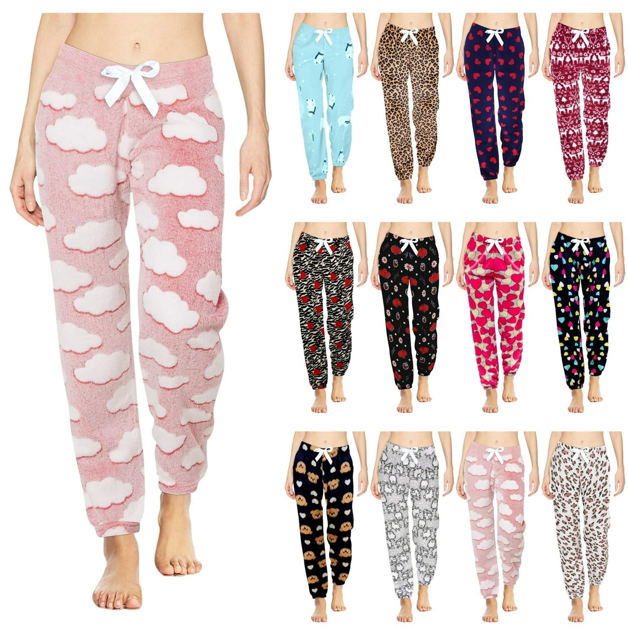 3-Pack: Women's Solid & Printed Ultra-Soft Comfy Stretch Micro-Fleece Pajama Lounge Pants - Small, Shapes
