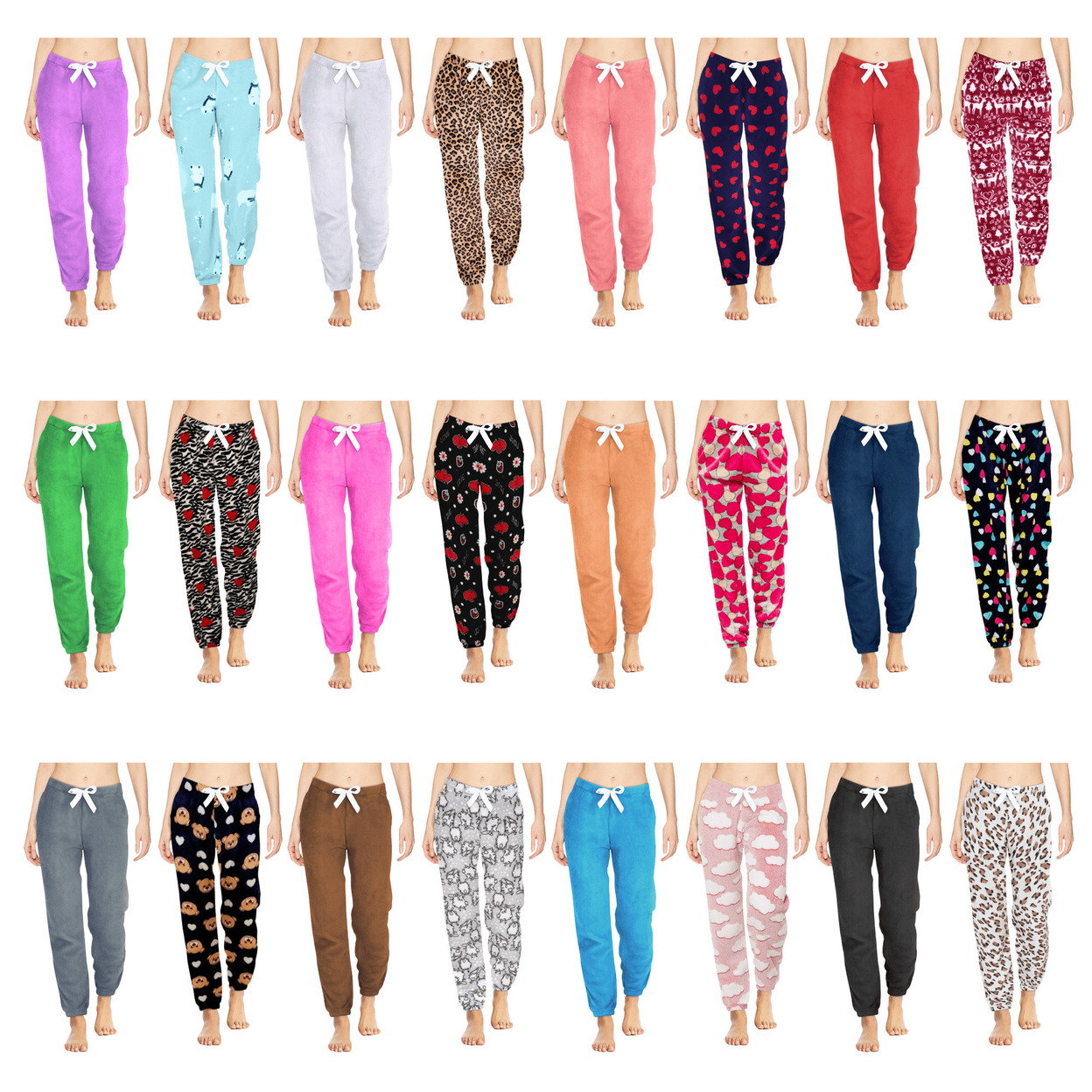 Multi-Pack: Women's Solid & Printed Ultra-Soft Comfy Stretch Micro-Fleece Pajama Lounge Pants - 3-pack, Medium, Love