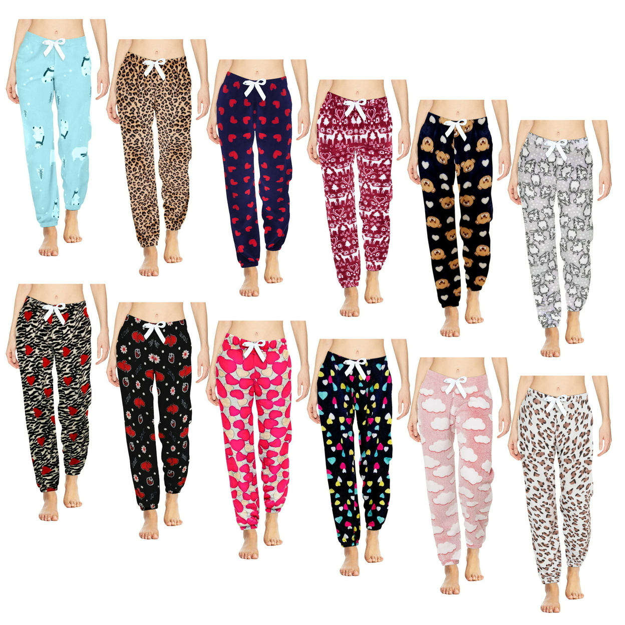 4-Pack: Women's Printed Ultra-Soft Comfy Stretch Micro-Fleece Pajama Lounge Pants - Medium, Shapes