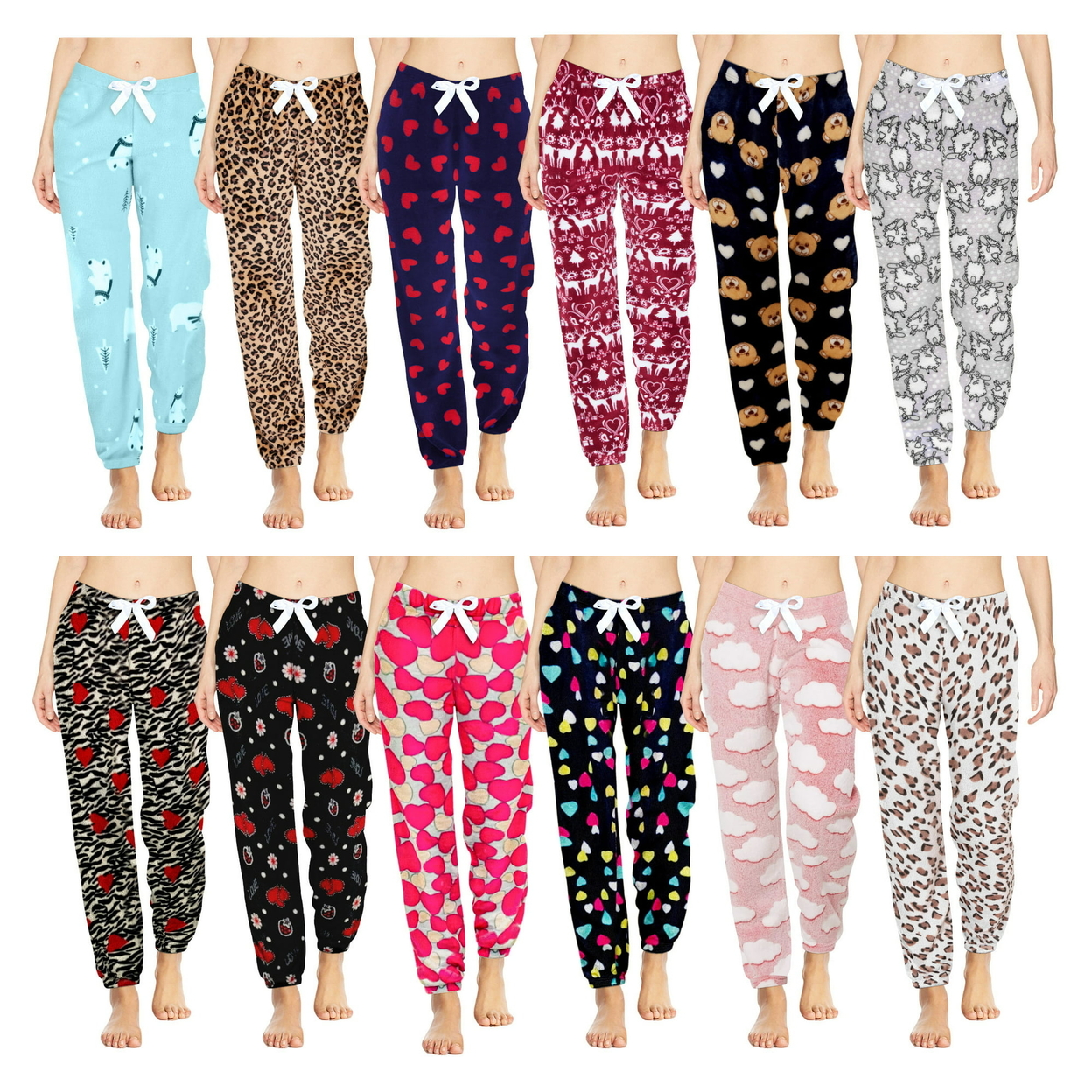 4-Pack: Women's Printed Ultra-Soft Comfy Stretch Micro-Fleece Pajama Lounge Pants - Large, Shapes