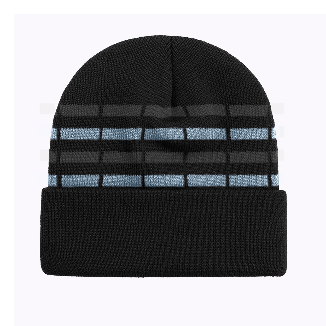 2-Pack Men's Winter Warm Cozy Knit Cuffed Solid & Striped Beanie Hat With Faux Fur Lining - Black Solid / Grey Striped