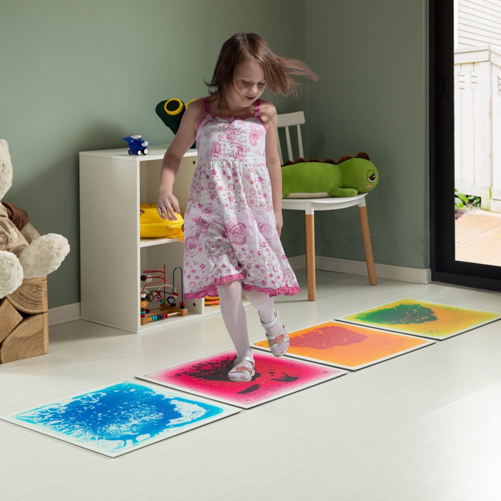 Sensory Liquid Gel Floor Square Tiles, 19.5 X 19.5 Inch Red/Orange, Green/Yellow, Pink/Purple, Blue/White Kids Floor Mat, 4 Pack - Red/White