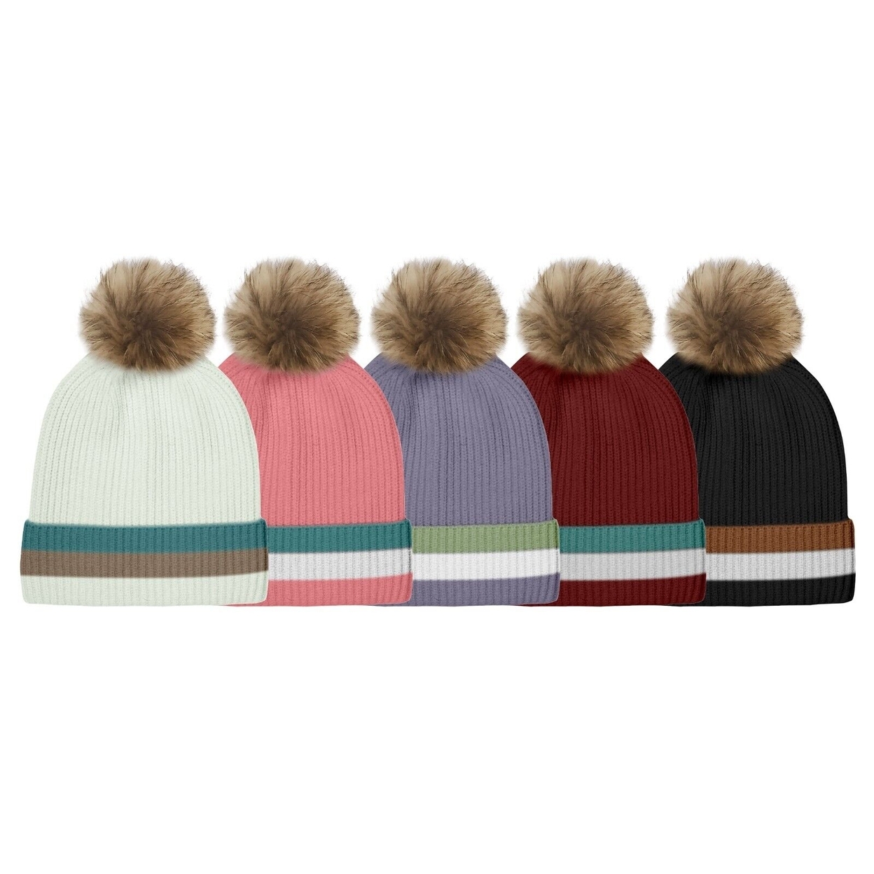 2-Pack: Women's Ultra-Soft Winter Warm Knit Feel Pom Pom Hat W/ Faux Fur Lining - Striped