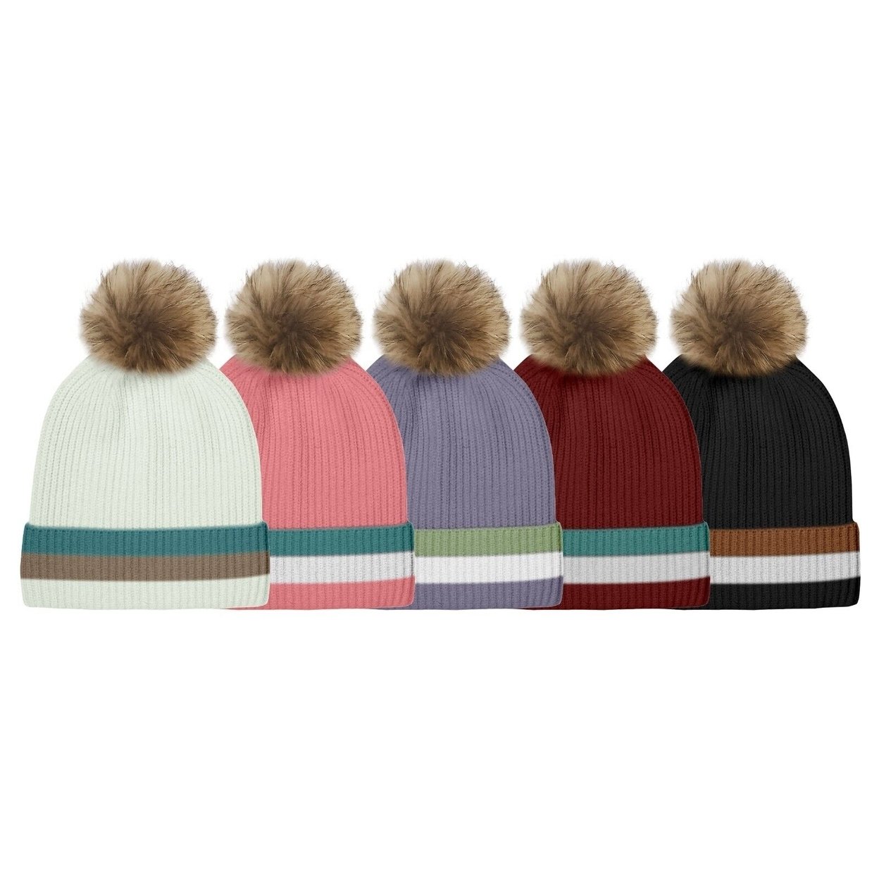 Women's Ultra Soft Winter Warm Knit Feel Pom Pom Hat W/ Faux Fur Lining - Striped