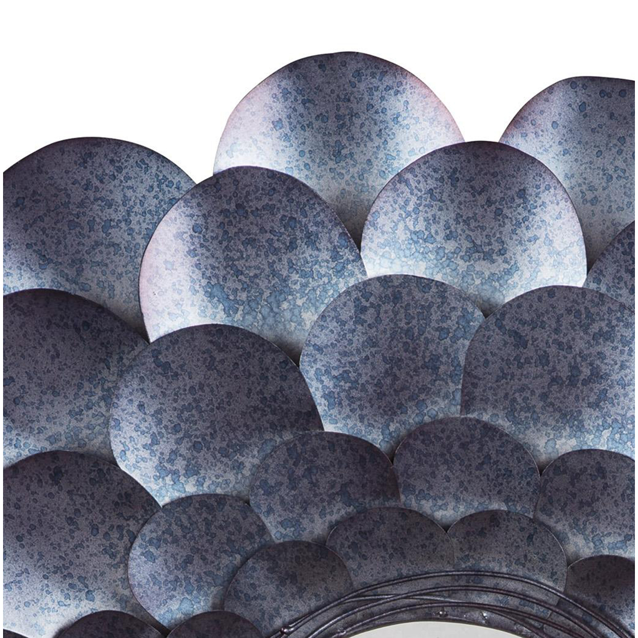 Round Metal Accent Mirror With Blooming Flower Shape, Blue And Silver- Saltoro Sherpi