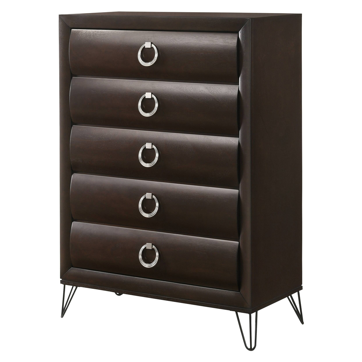 5 Drawer Wooden Chest With Metal Ring Handles And Harpin Legs, Brown- Saltoro Sherpi